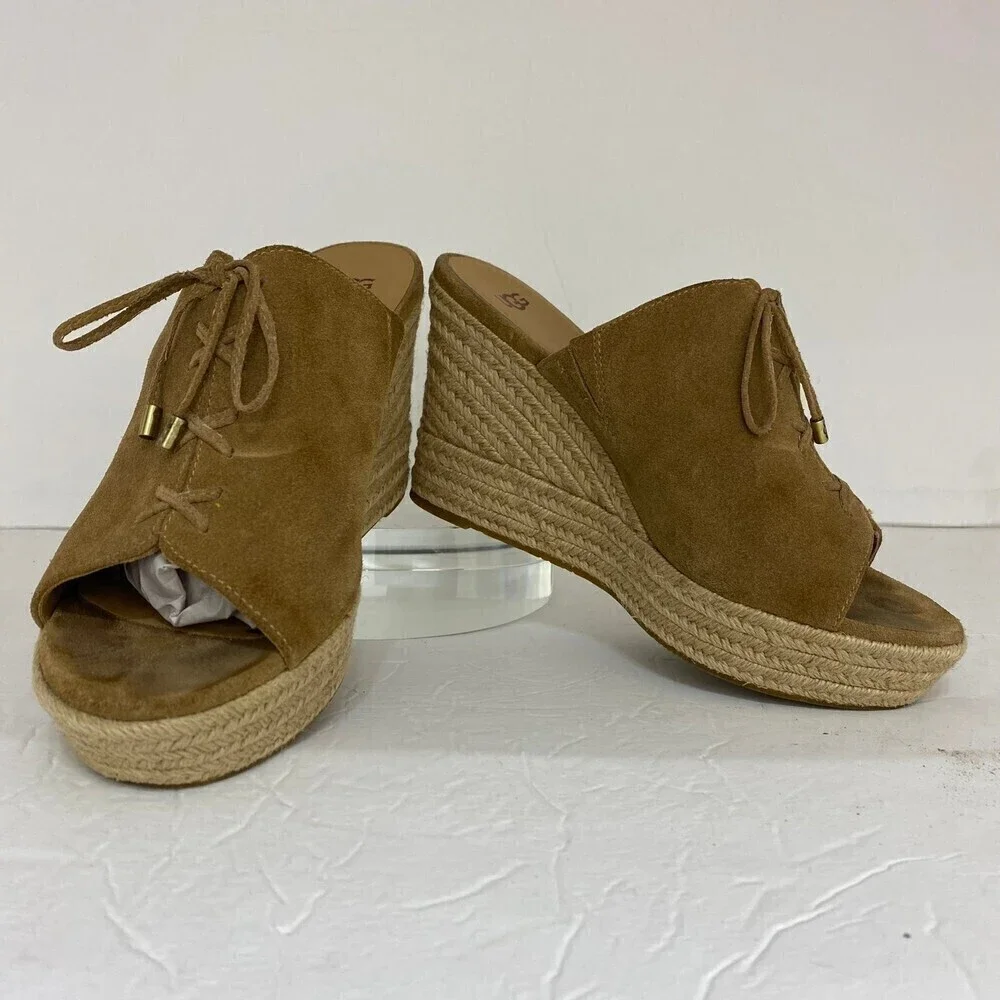 UGG Giorgia Chestnut Suede Espadrille Wedge Sandal Size 9